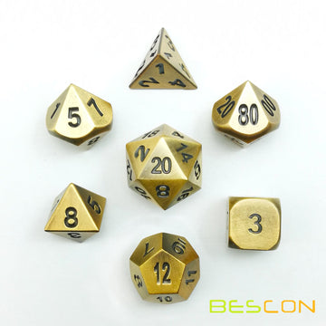 Bescon Brass Solid Metal Polyhedral D&D Dice Set of 7 Copper Metal RPG Role Playing Game Dice 7pcs Set