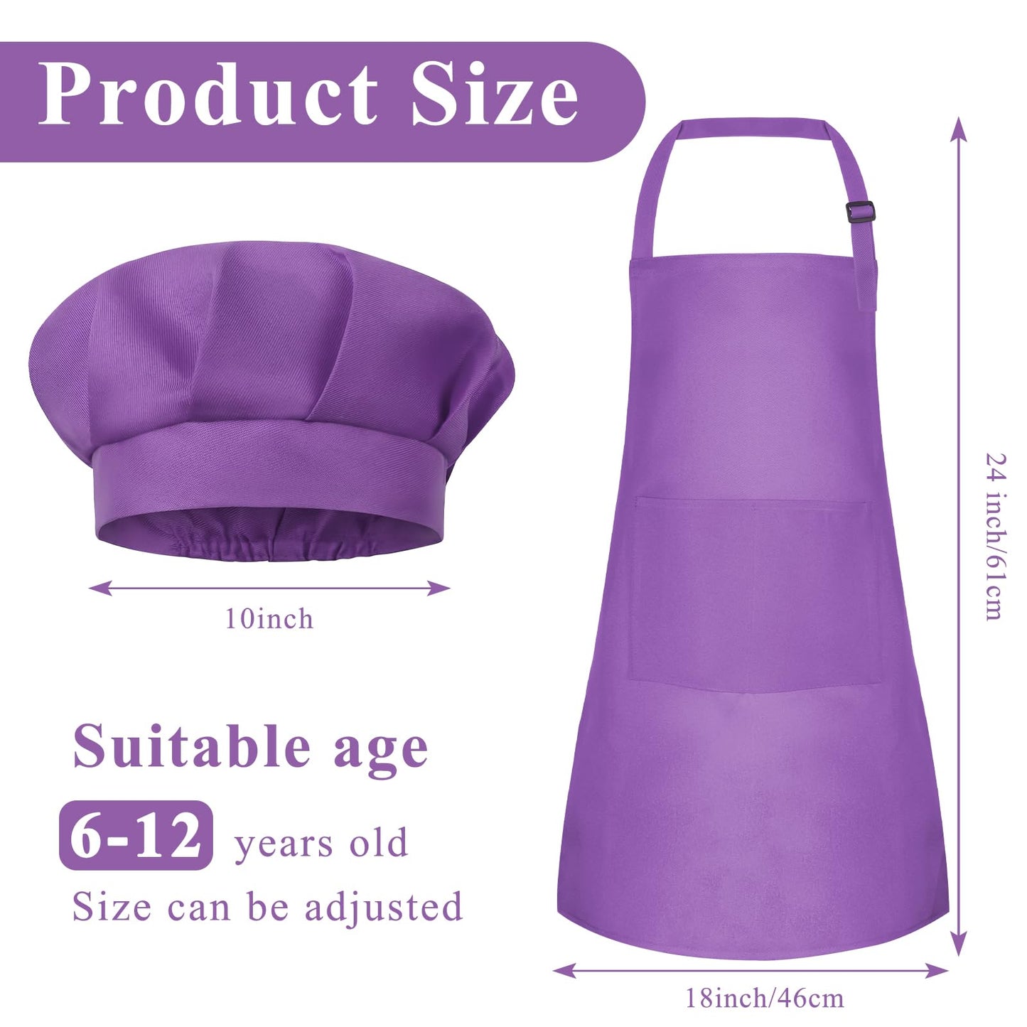 Bouboni Kids Apron And Chef Hat Set (Purple) - Unisex Child, Adjustable, Polyester, 2 Pockets, For Cooking, Baking, Painting