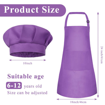 Bouboni Kids Apron And Chef Hat Set (Purple) - Unisex Child, Adjustable, Polyester, 2 Pockets, For Cooking, Baking, Painting