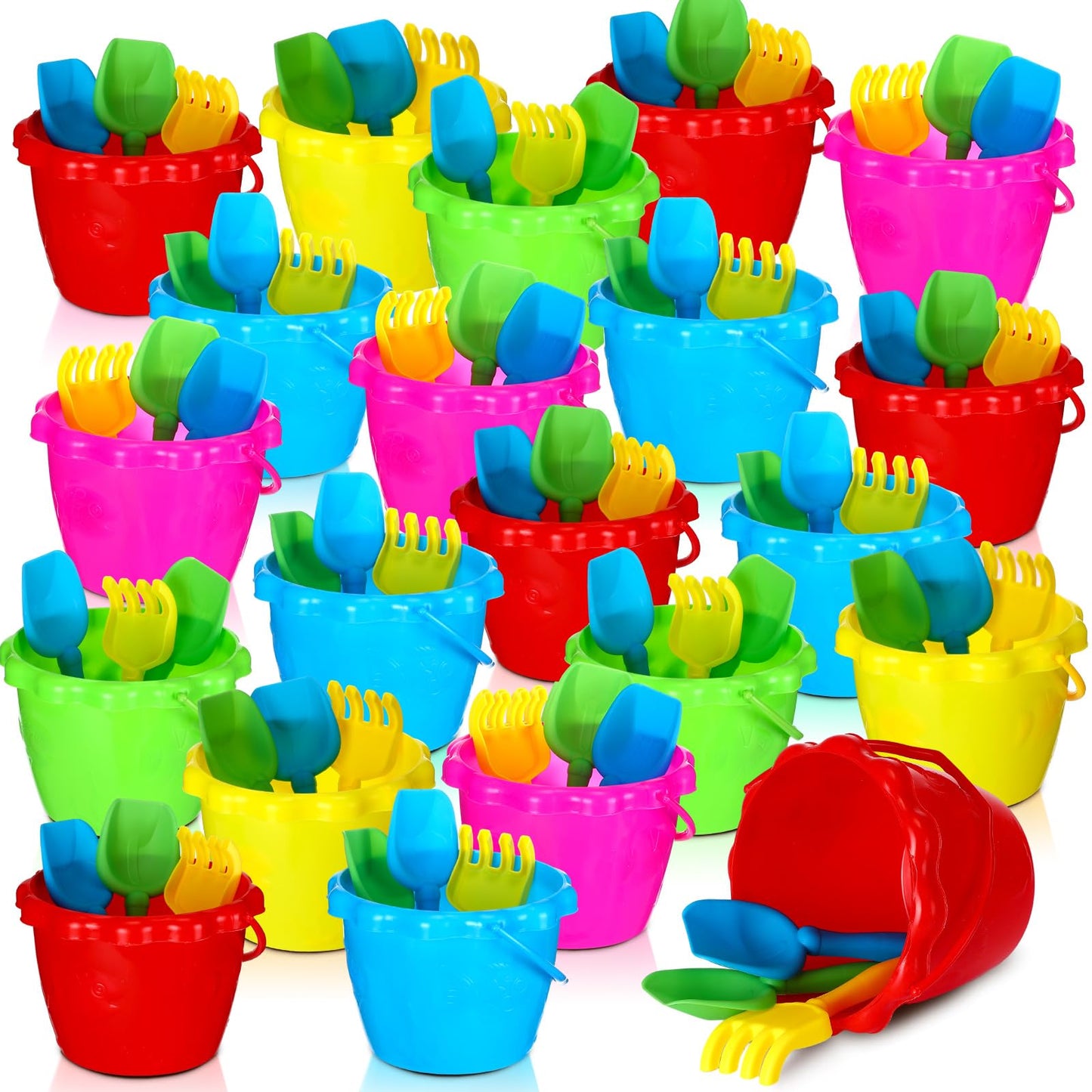 Lenwen 24 Packs 6.3'' Beach Sand Buckets Shovels and Rakes Set for Kids Summer Beach Toys Pool Party Favors Accessories Easter B