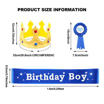 WILLBOND Birthday King Crown, Birthday Sash and Button Pins Party Accessory Set for Boys Kids Party Decorations