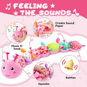 Awotoy Baby Toys 0-6-12 Months,Infant Musical Stuffed Animals Activity Toys With Muti-Sensory Crinkle,Rattles,Baby Girl Toys Gifts For Newborn Tummy Time,Caterpillar,Pink