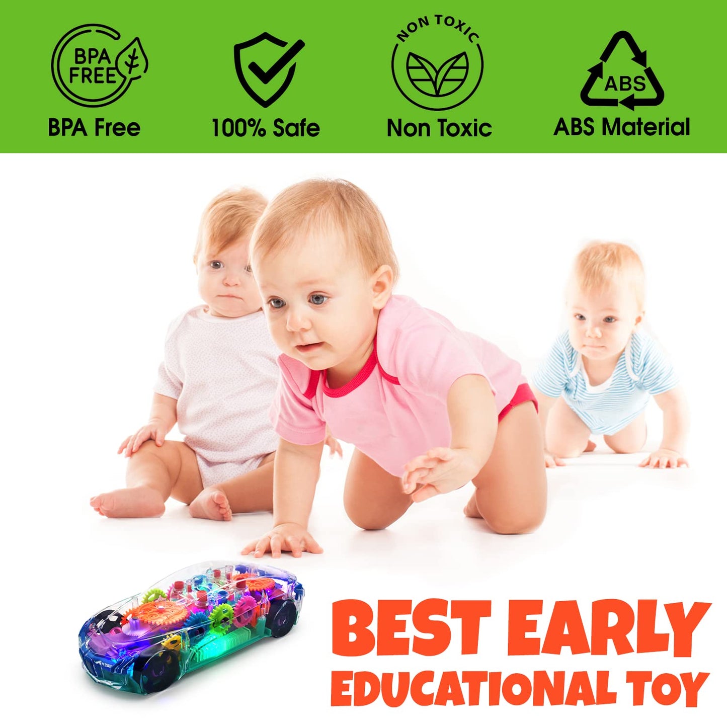 Tooty Toy Light Up Transparent Car Toy - Fun And Interactive Electric Car Toy For Kids- Music Car With Led - Colorful Moving Gears -Tummy Time Crawling Baby Light Up Toys For Boys & Girls