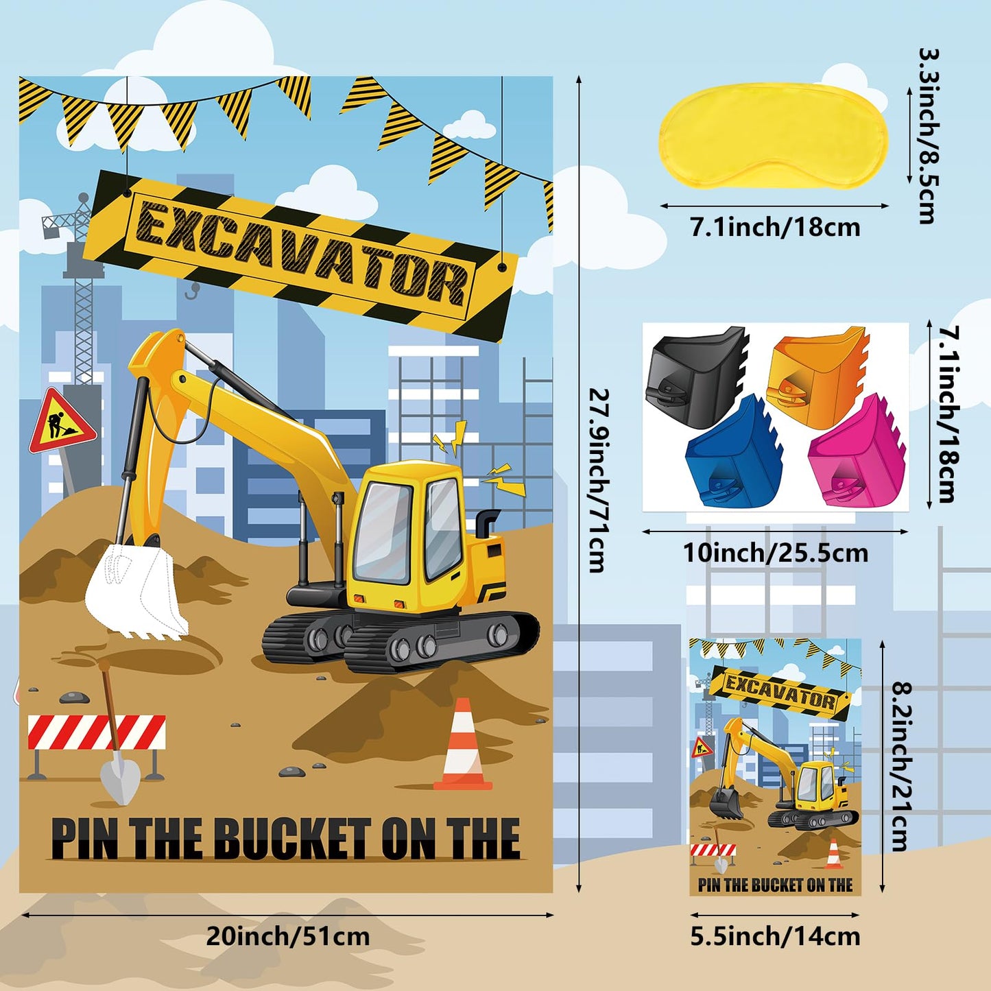 Hooqict Pin The Bucket On The Excavator Construction Party Games For Kids Boys Birthday Party Pin The Games Construction Party Decorations Supplies, Large Excavator Poster With 32 Stickers