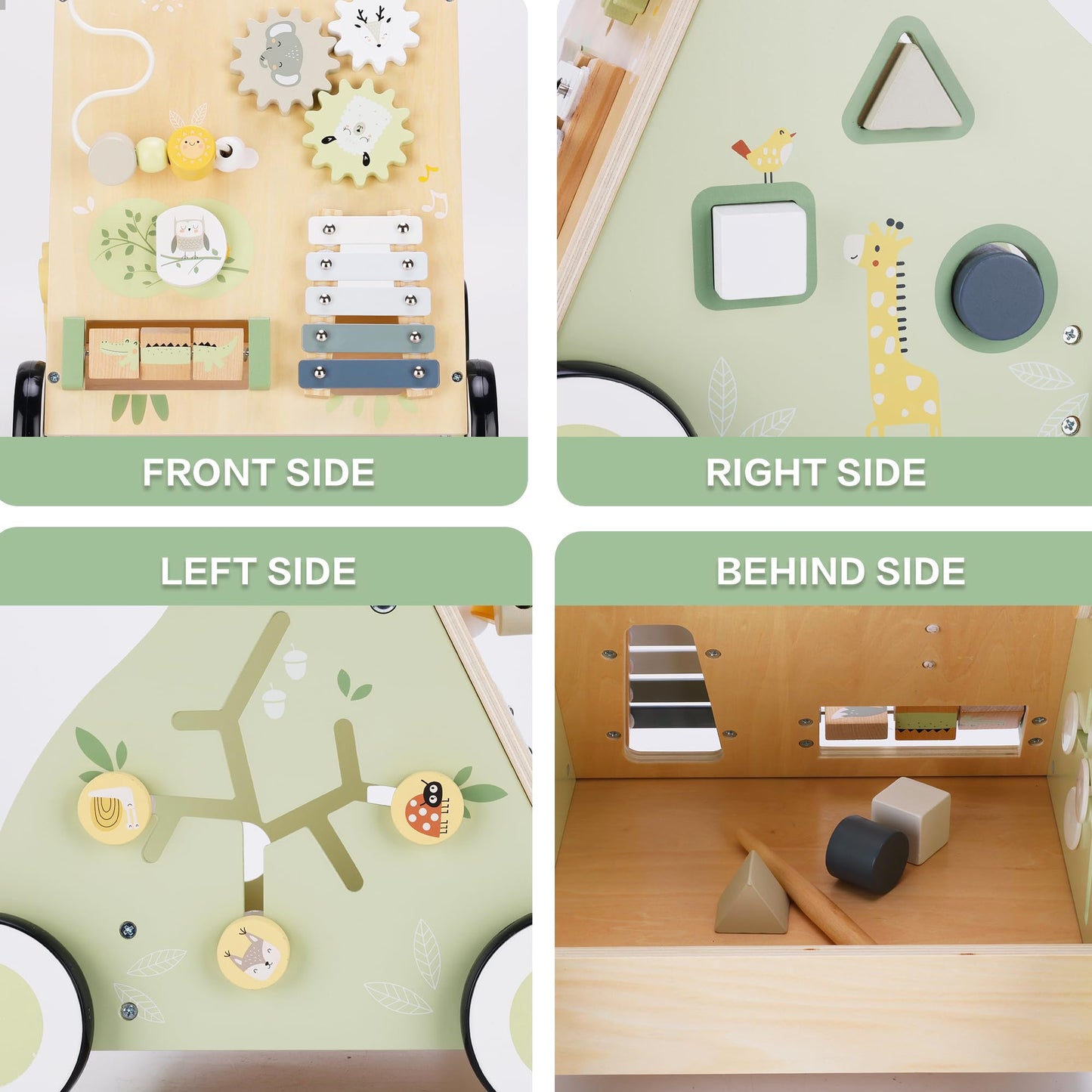 Wooden Baby Push Walker And Toddler Pull Learning Activity Toy - Develop Motor Skills & Creativity - Multiple Activities Center