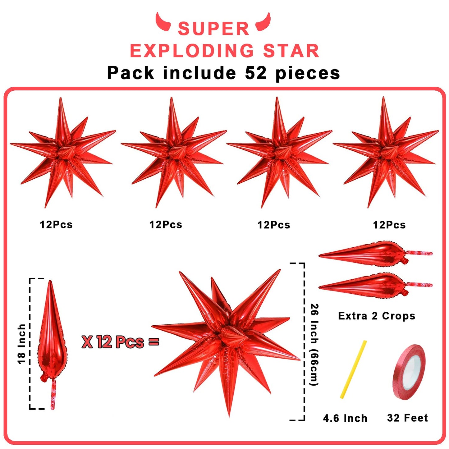 Funtoob Red Star Balloons Metallic Star Foil Balloons Birthday Balloons Red Star Cone Balloons Starburst Balloon Spike Balloons
