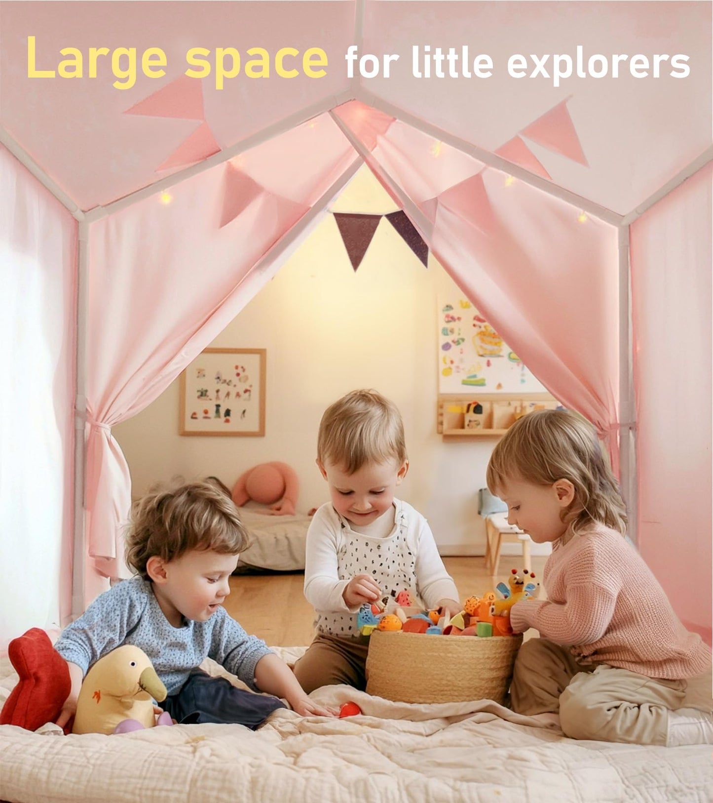 Kids Play Tent, Large Kids Playhouse with String Lights and Flag Garland, Bed Tent with 2 Windows, Machine Washable Reading Nook