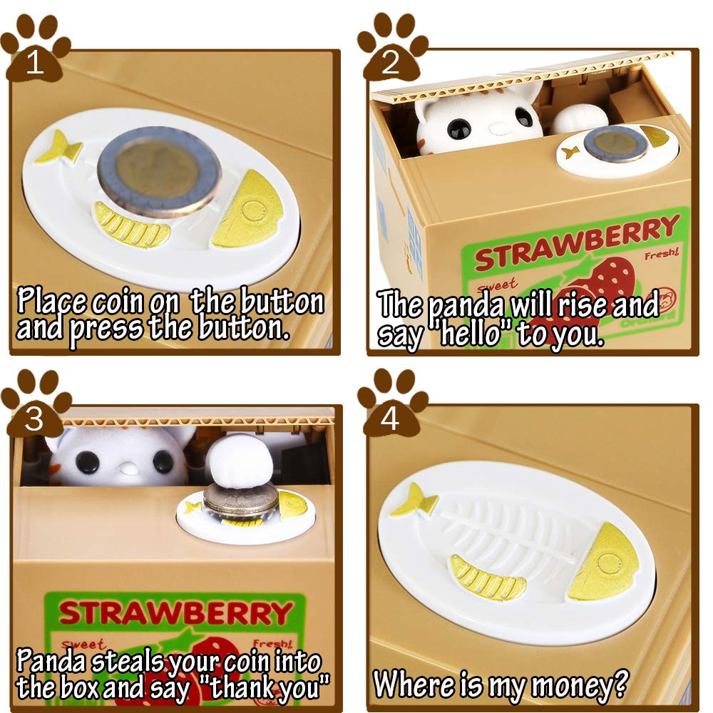 HmiL-U Cat Stealing Money Bank, Large Strawberry Piggy Bank, Cardboard, Model 8803, Automatic Coin Saver Gift for Kids