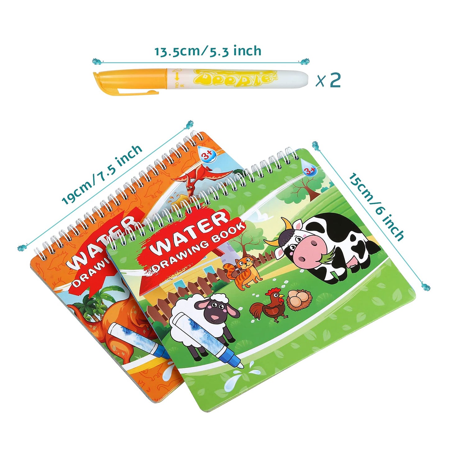 Kesote 2 Pack Water Coloring Book for Kids Toddlers with 2 Water Pens - Reusable Road Trip Toys Water Drawing Painting Books Tod