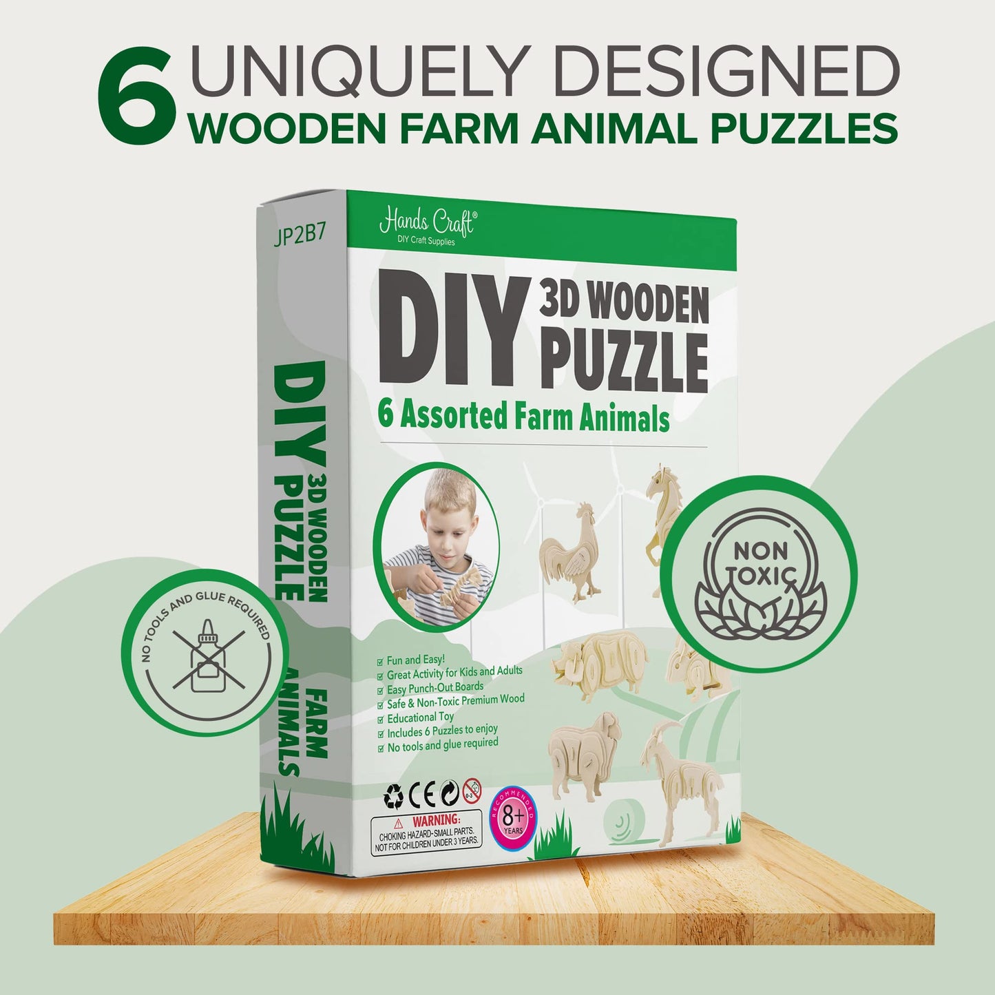 Hands Craft Diy 3D Wooden Puzzle – 6 Assorted Farm Animals Bundle Pack Set Brain Teaser Puzzles Educational Stem Toy Adults And Kids To Build Safe And Non-Toxic Easy Punch Out Premium Wood Jp2B7