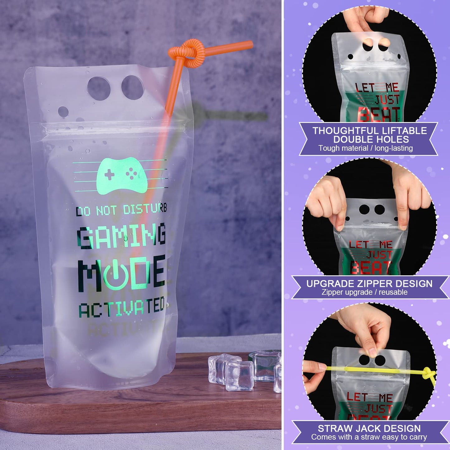 Video Game Party Favors Drink Pouch Cups With Straws Plastic Drink Pouches Clear Zipper Bags Reusable Drink Pouches For Birthday