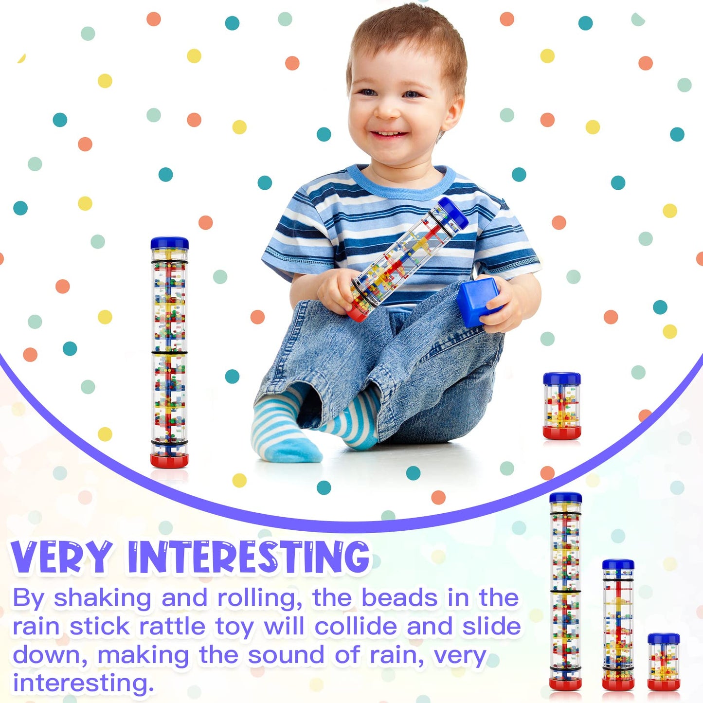 Leitee 3 Pieces Rainmaker Rain Stick for Baby Shaker Sensory Auditory Musical Instrument Rattle Tube Plastic Toy for Boys and Gi