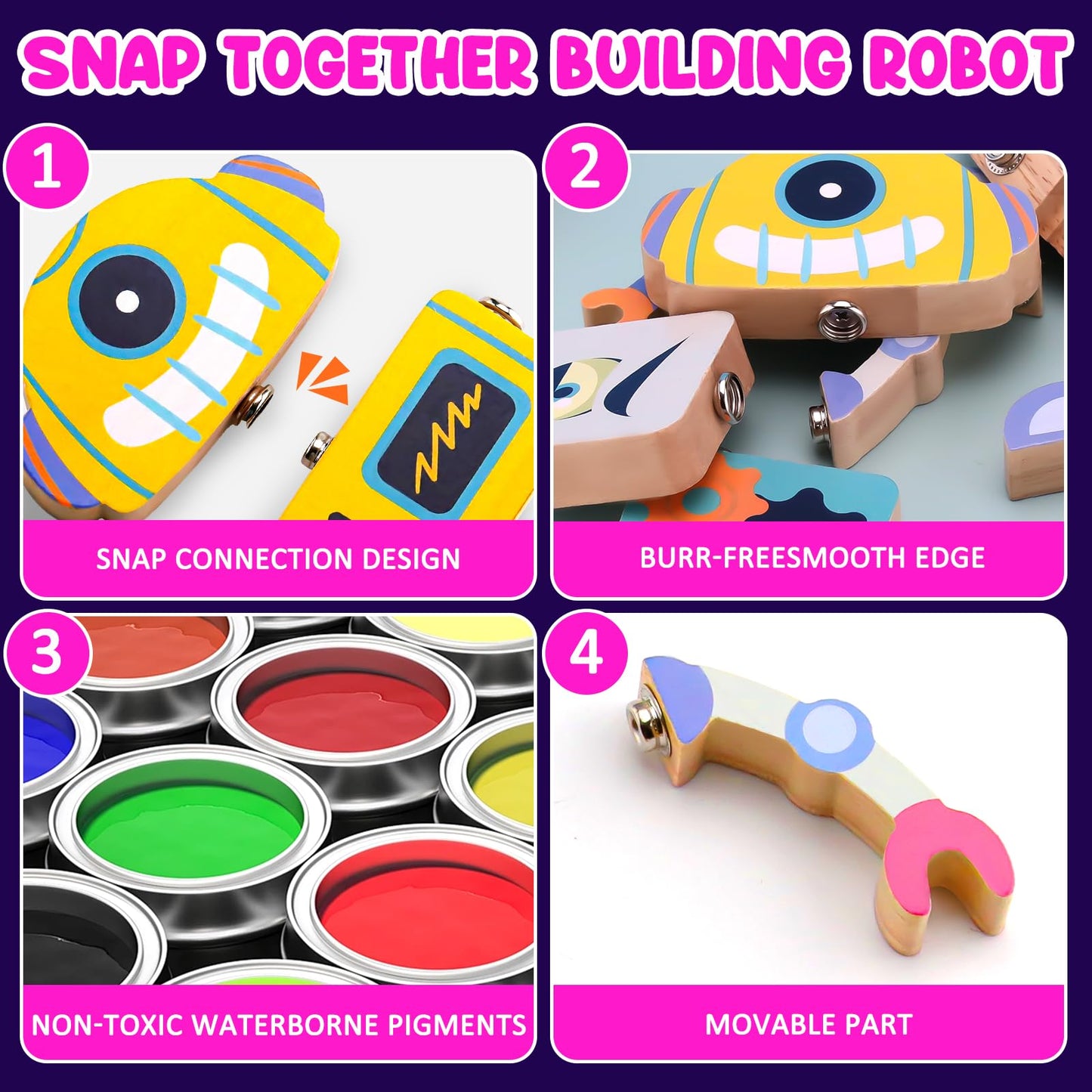 Hdsahdok Wooden Snap Together Robot Toys, Fine Motor Building Robot Blocks For Kids, Stem Montessori Educational Learning Toy, G