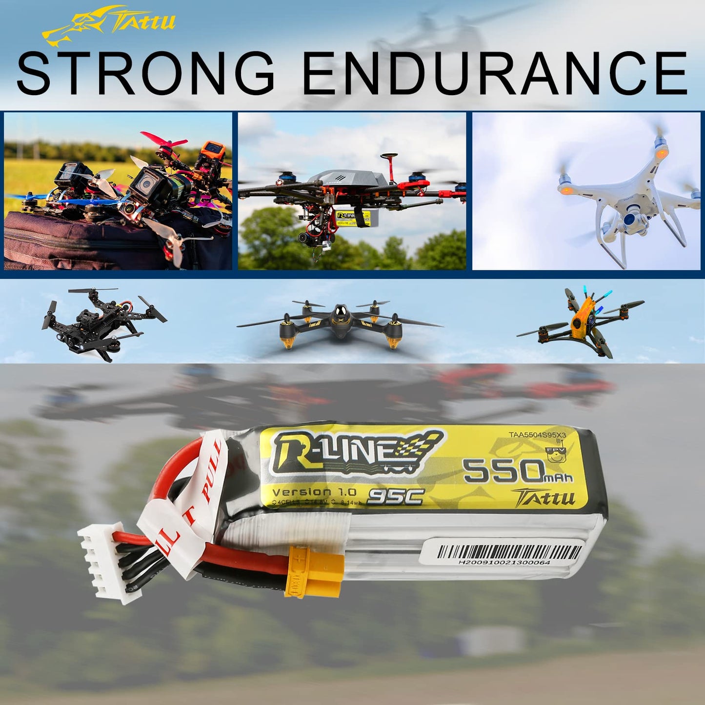 TATTU R-Line 550mAh 4S Lipo Battery Pack 14.8V 95C with XT30 Plug for FPV Racing Quadcopter from Size 100 to 180