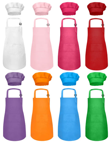 Iagbibui Kids Apron And Chef Hat Set, 16 Pieces Boys Girls Kids Apron With 2 Pockets Adjustable For Cooking Classroom Baking Pai