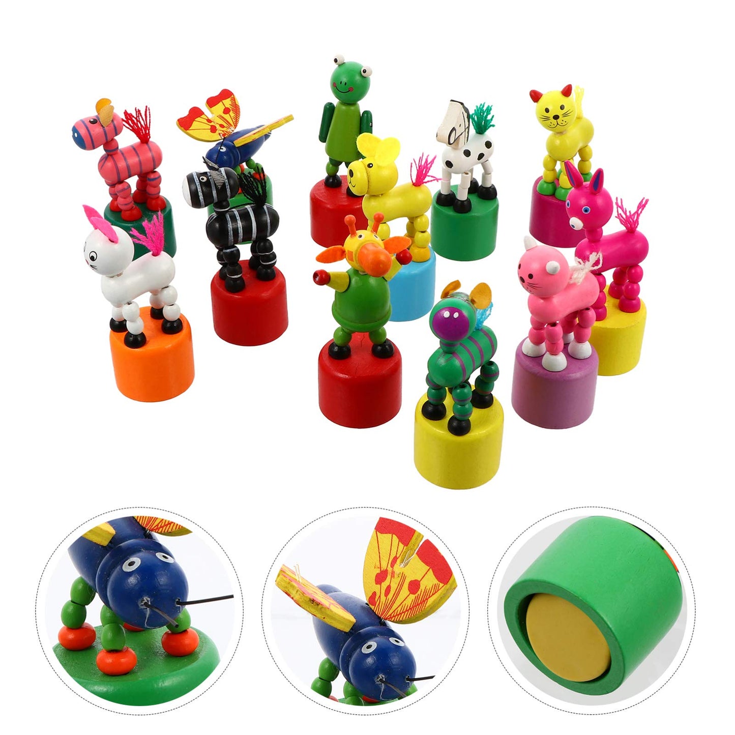 Nuobesty 12Pcs Kids Wooden Push Up Toys Kids Finger Puppets Wood Animal Figurines Press Base Thumb Puppets Animal Party Favors