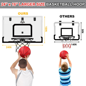 Hyes 24'' X 16'' Large Basketball Hoop Indoor For Adults, Over The Door Basketball Hoop With Sturdy Backboard, Big Basketball To