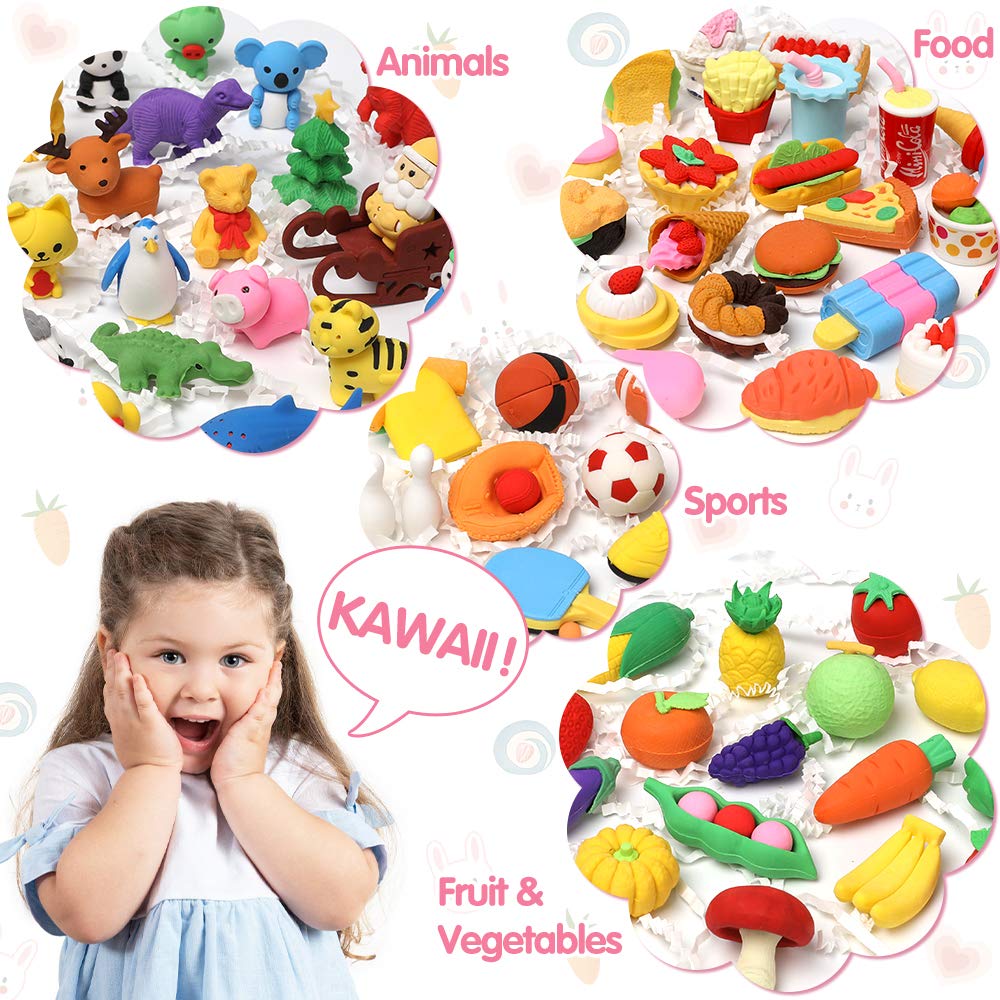 UMIKU 100 Pack Animal Pencil Erasers, 3D Rubber Desk Pets, Multicolor Classroom Prizes & Party Favors, Model 100p-xpc
