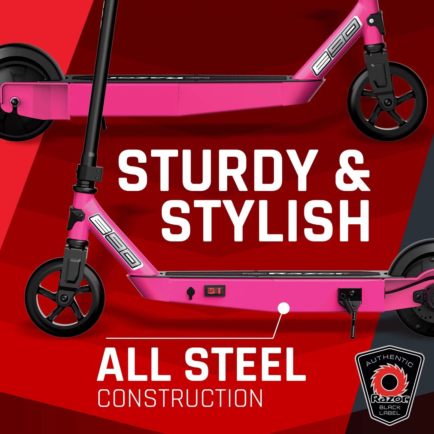 Razor Black Label E90 Electric Scooter For Kids Age 8 And Up, Power Core High-Torque Hub Motor, Up To 10 Mph, All-Steel Frame