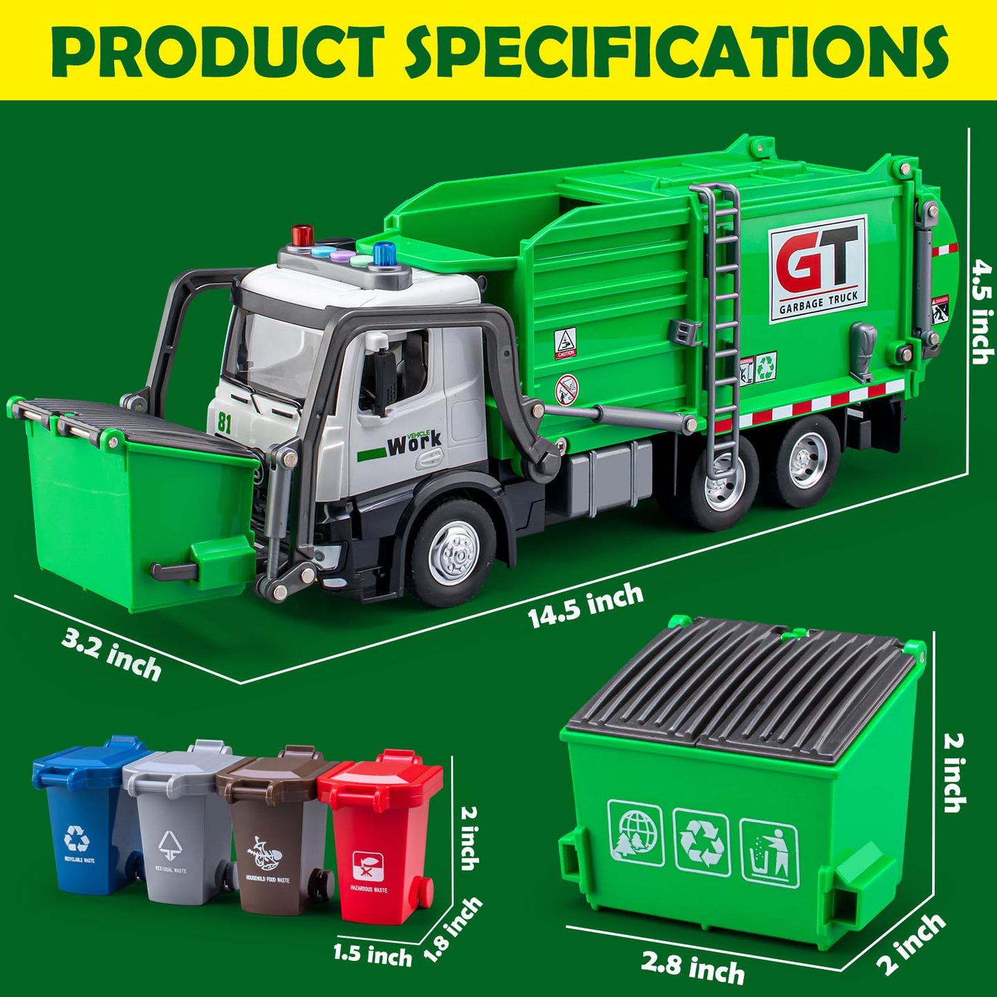 Garbage Truck Toys for Boys, 12'' Big Trash Truck with Lights and Sounds, Friction Powered Waste Management Recycling Toy Set wi