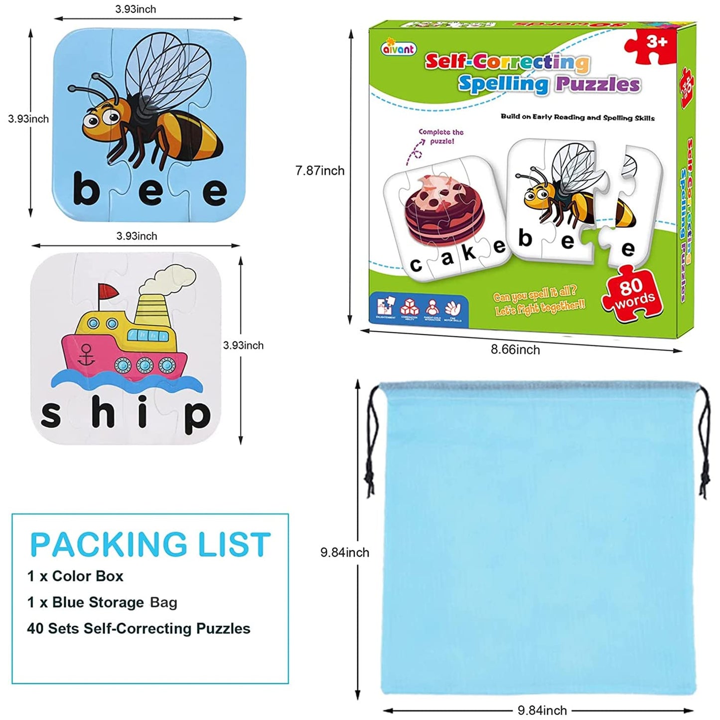 80 Words Self-Correcting Spelling Puzzles, Double-Sided Three And Four Letter Words With Matching Images, Perfect For Preschool Learning