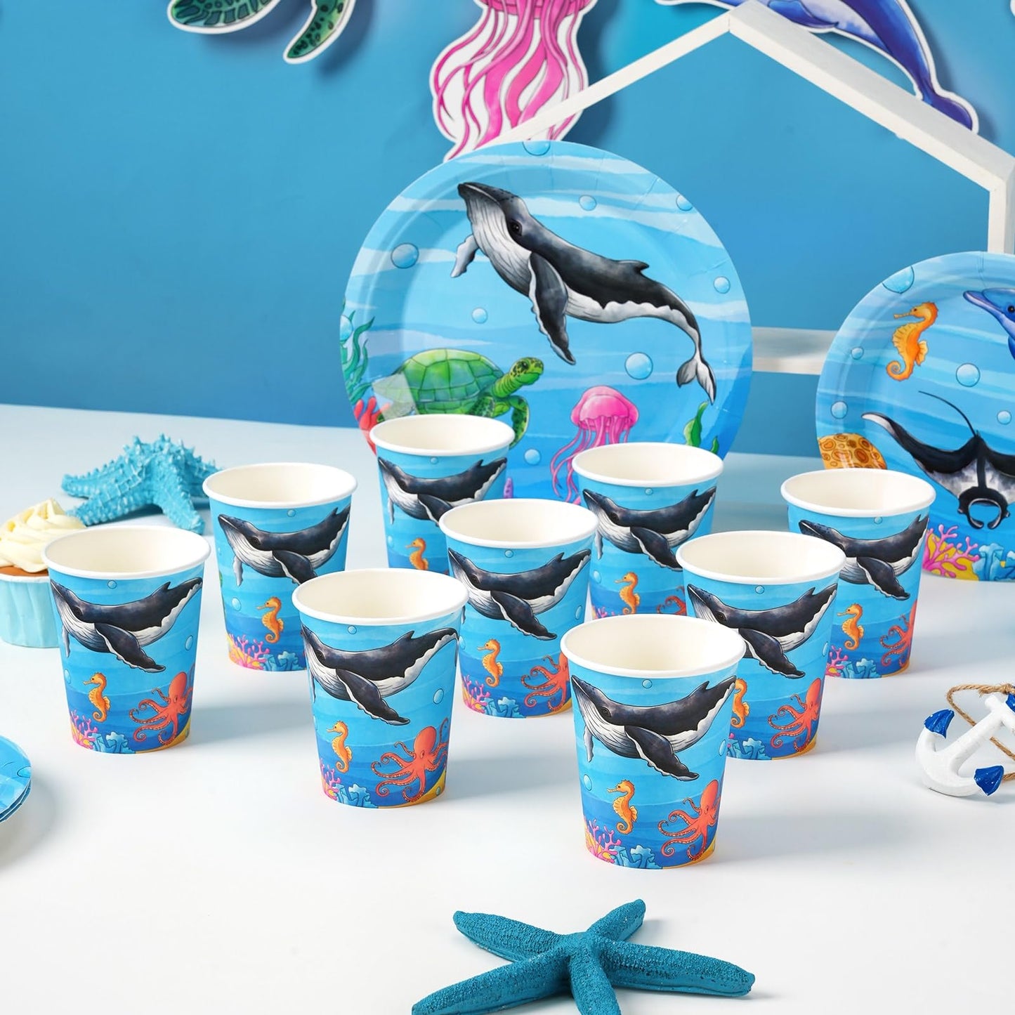 Wernnsai Ocean Party Tableware Set - 64 Pcs Under The Sea Party Supplies Sea Animal Theme Party Plates Napkins Cups Dinnerware Birthday Baby Shower Party Decorations Underwater Party For 16 Guests