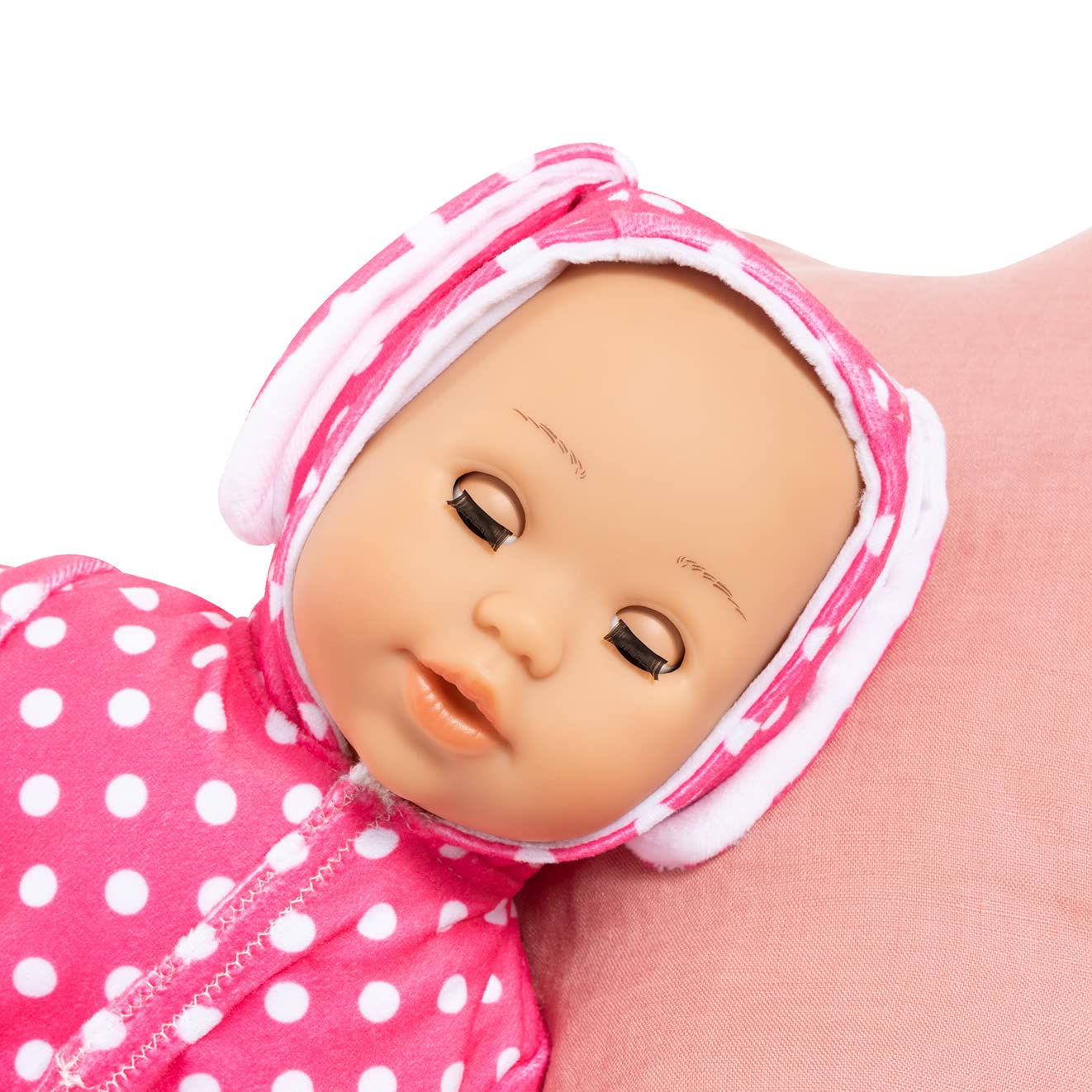 Bayer: Anna First Words Baby Doll - 15 Bunny Pink & White Polka Dot Onesie - Speaks & Open/Closes Eyes, Pacifier & Bottle