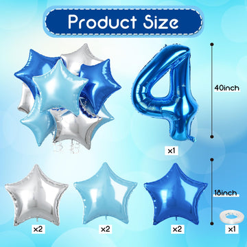 14Th Birthday Balloon For Boys, Big Self Inflating Dark Light Blue Silver Star Number 14 Balloons Decor, 40 Inch Royal Pastel Ba