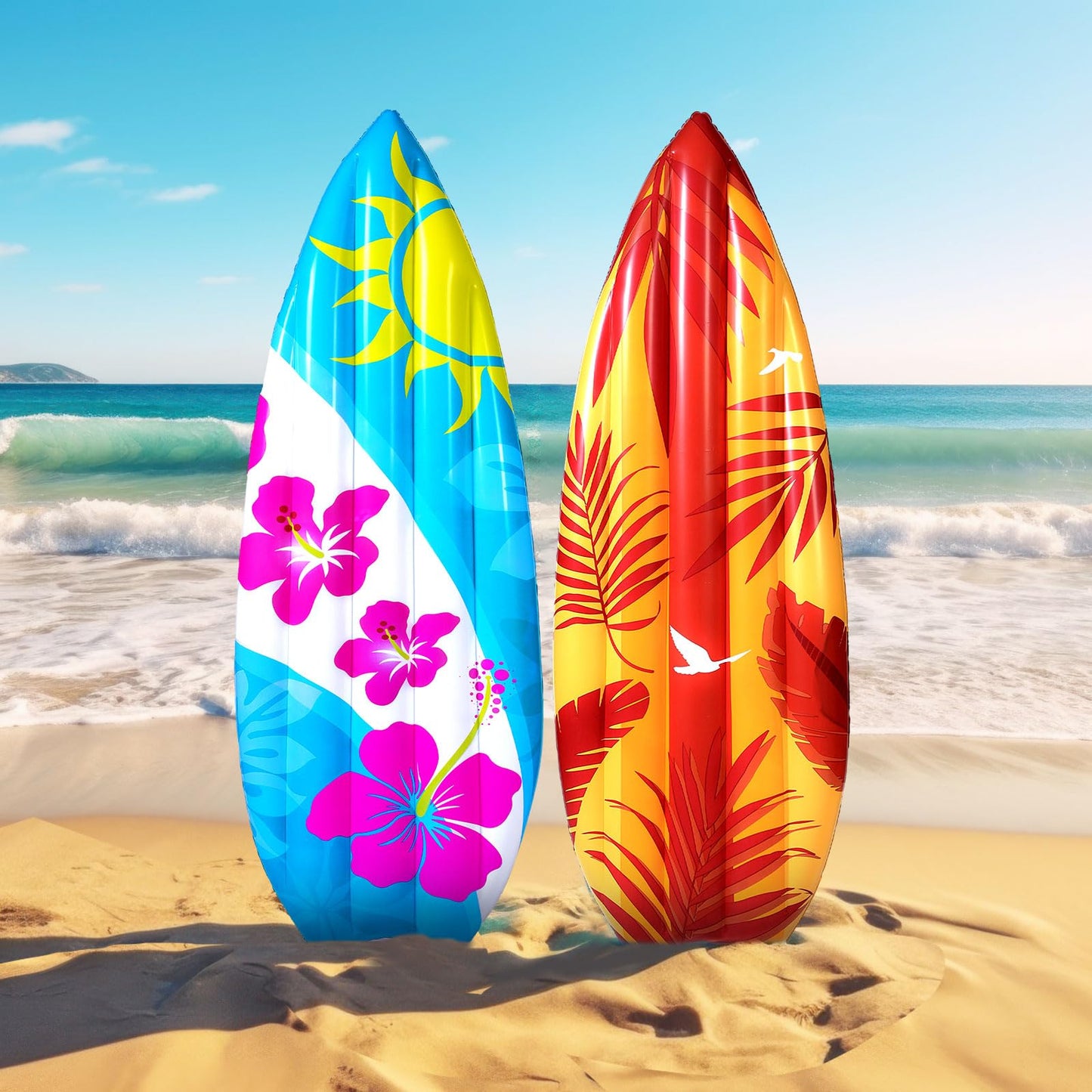 Foilswirl 2 Pcs 60'' Luau Inflatable Surfboard Hawaiian Theme Beach Pool Float Summer Tropical Blow up Pool Board Blue and Orang