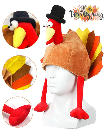 Hikkcos Thanksgiving Turkey Hat And 3 Packs Bead Necklaces Turkey Head Costume Plush Gobbler Hat For Thanksgiving Trot Dress Up