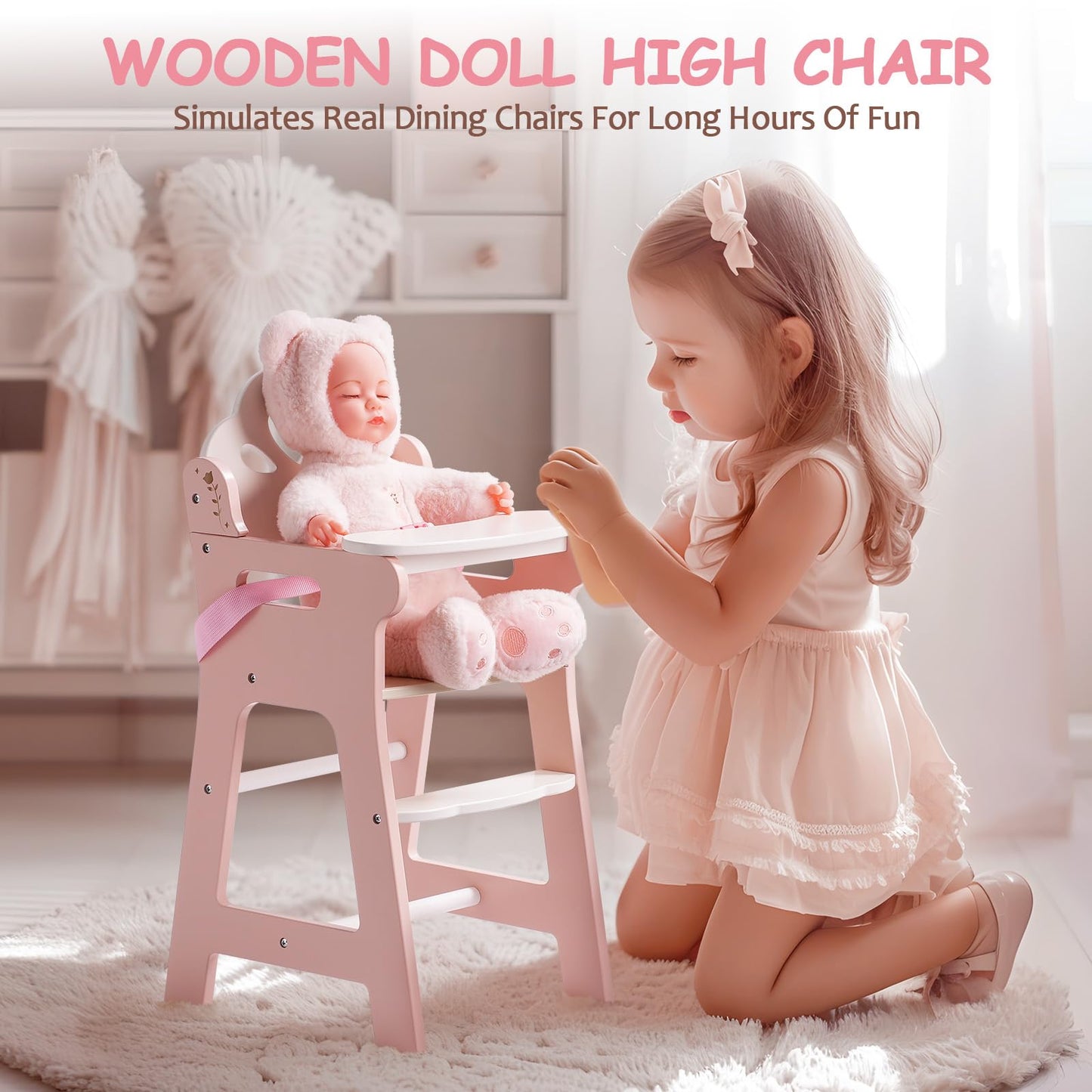 Robotime Baby Doll High Chair, Pretend Play High Chair With Safety Belt And Footrest, Wooden Baby Doll Accessories, Baby Doll Fu