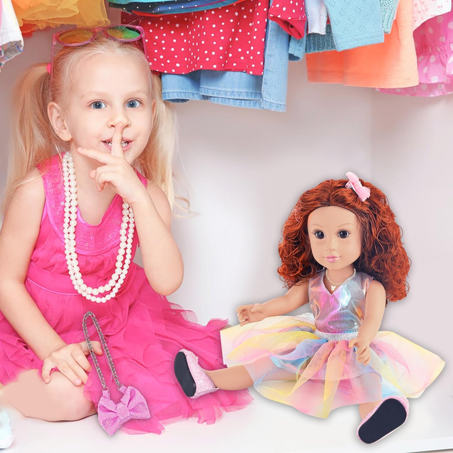 Zita Element 18 Inch American Doll With Doll Clothes And Accessories Including 18 Inch Doll Rainbow Dress Bow Bag Shoes Hairpin Necklace For Kids