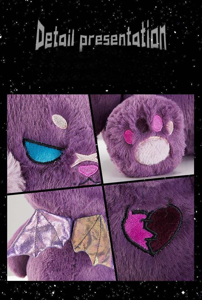 Elainren Creepy Gothic Bear Stuffed Gifts, Plush Goth Teddy Bear With Wings, Crazy Purple Bear Plushie Toy Dreadful Bear Stuffed