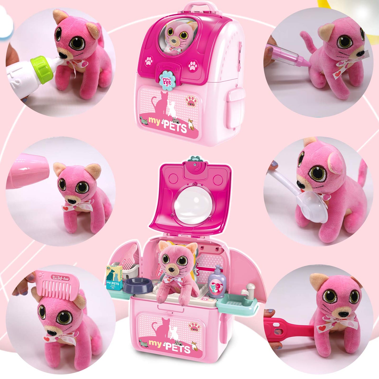 Pet Cat Carrier Backpack Toy, MAGIC4U 23PCS Pet Care Playset,Vet Clinic and Doctor Kit for Kids, Pet Veterinarian Medical Role P