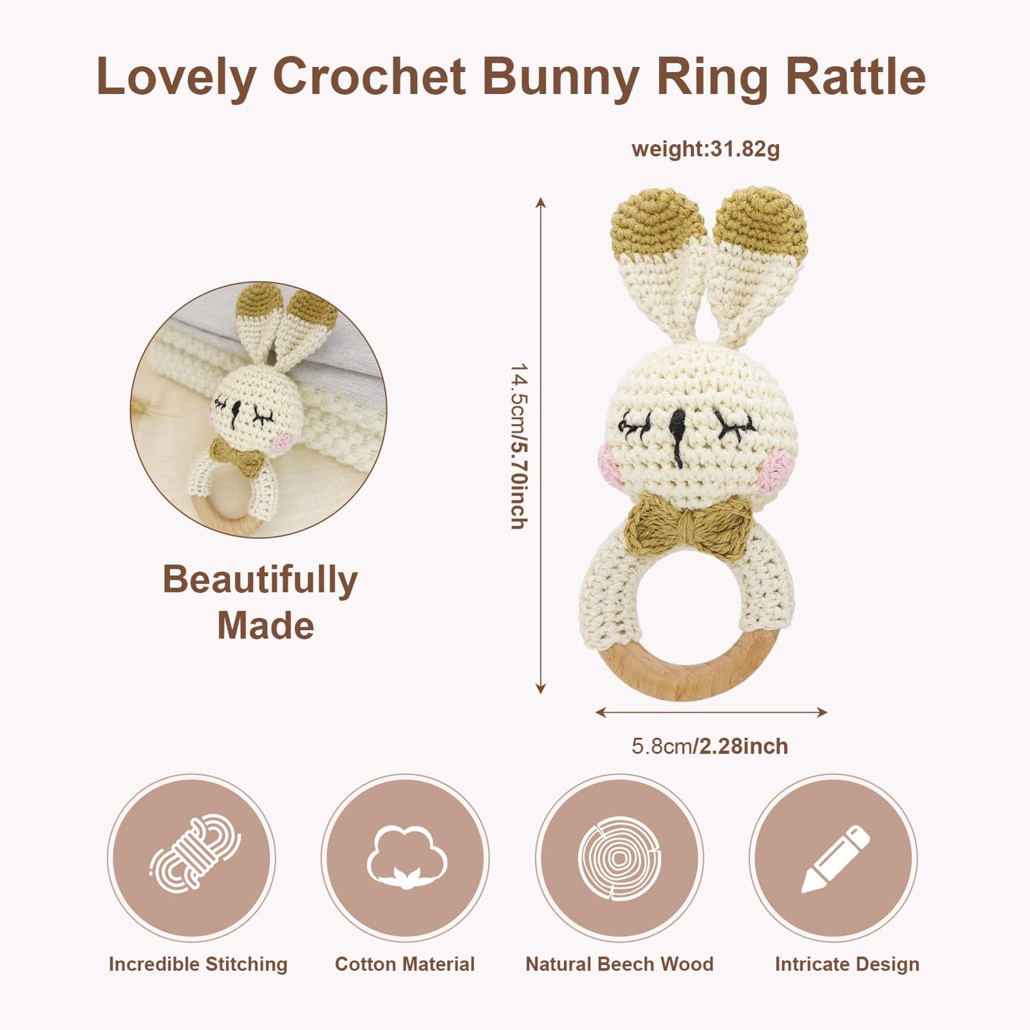 Crochet Bunny Rattle For Baby, Soft Baby Rattle Toys Wooden Ring Rattle For Toddlers Cute Rattle Toy Boy Girl First Rattle Gift