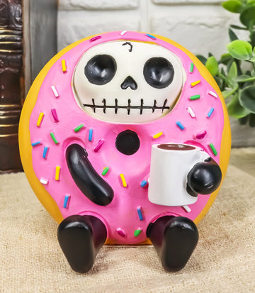 Ebros Gift Furrybones Donatsu Strawberry Sprinkles Round Donut Skeleton With Milk Figurine Furry Bones Skulls Skeletons Halloween Sculpture