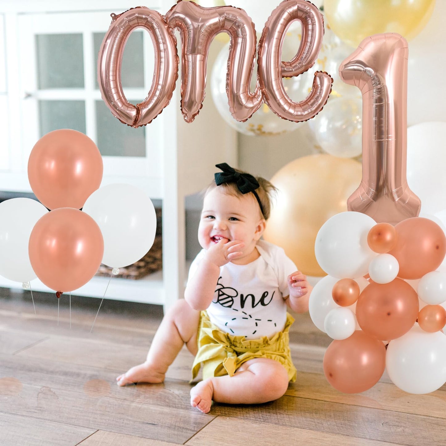 Toniful 27 Pcs 1St Birthday Balloons Set,40 Inch Rose Gold Number 1 Balloon Rose Gold One Letter Foil Balloon White Metallic Ros