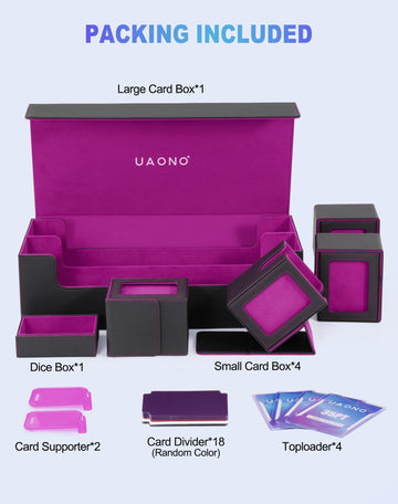 UAONO Card Storage Box for Trading Cards 5 in 1 Card Deck Case with 4 Pcs Small Commander Deck Box Large Card Box for MTG/TCG/PTCG Magic Sports Cards Game Playmat (Black Purple)