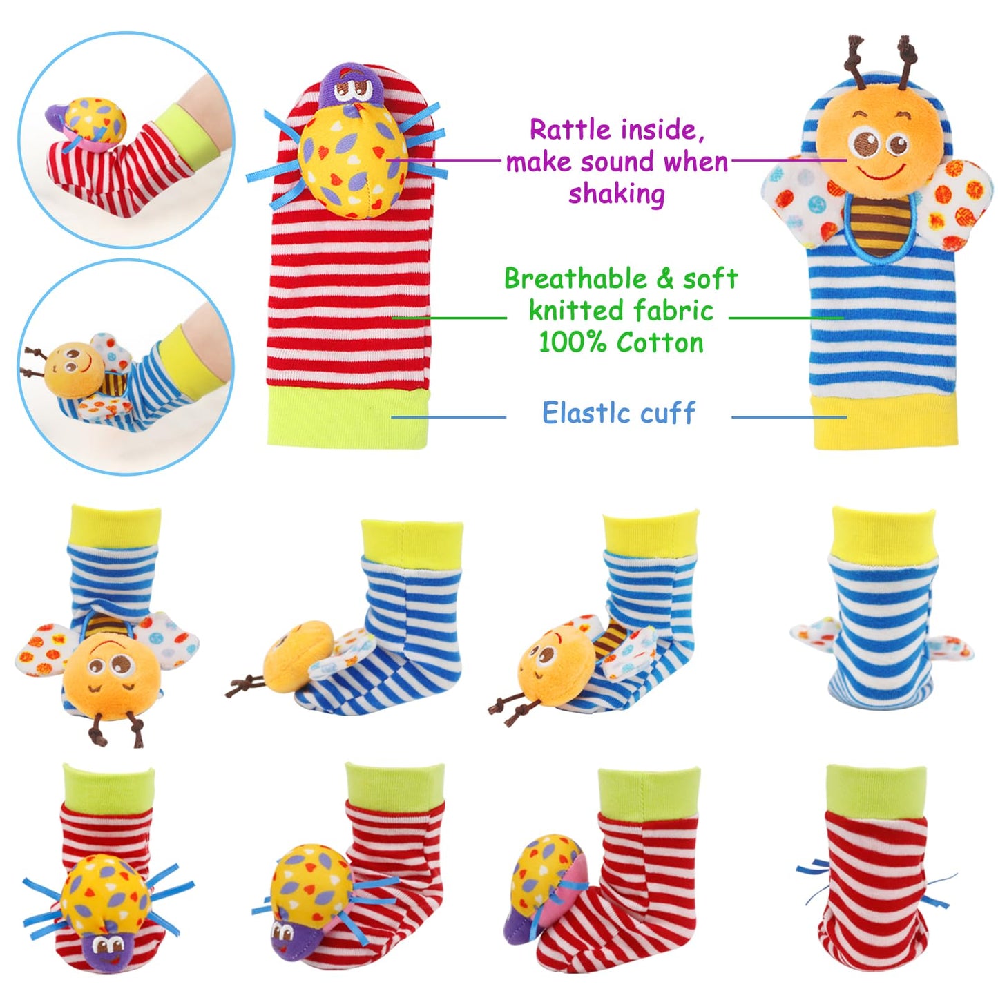 Bloobloomax Baby Infant Rattle Socks Toys, Sock Rattles For Babies 0-24 Months Baby Animal Foot Finder Learning Toy (Cotton D)