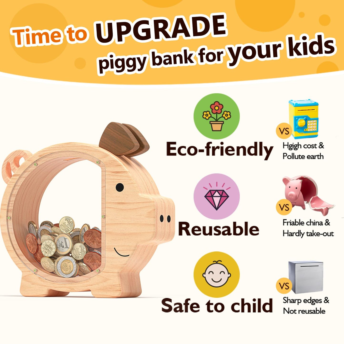 Summidate Wooden Piggy Bank For Kids Large Piggy Bank For Boys And Girls, Cute Unbreakable Wood Money Bank, Creative Saving Money Jar Personalized Present For Child Birthday Christmas & Decor
