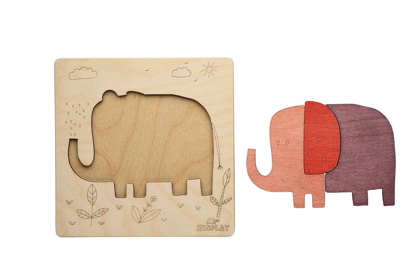 Ekoplay 3 Piece Playful Elephant Wooden Puzzle for Kids, Jigsaw Puzzle for Pre-School Kids, Learning Educational Toys Gifts for