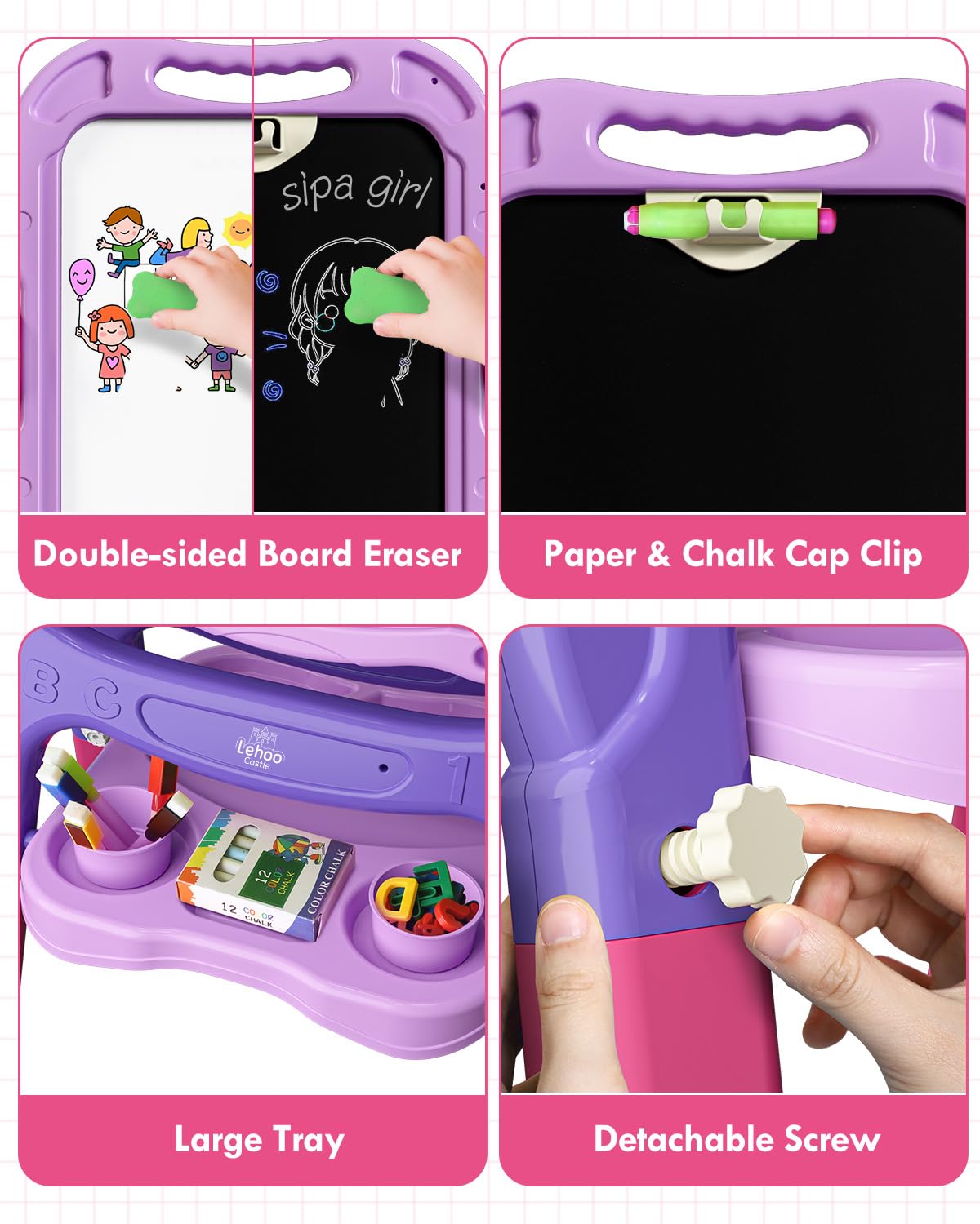 Lehoo Castle Easel for Kids, 4 in 1 Double Sided Kids Art Easel with Magnetic White Board & Chalk Board, Adjustable Standing Tod