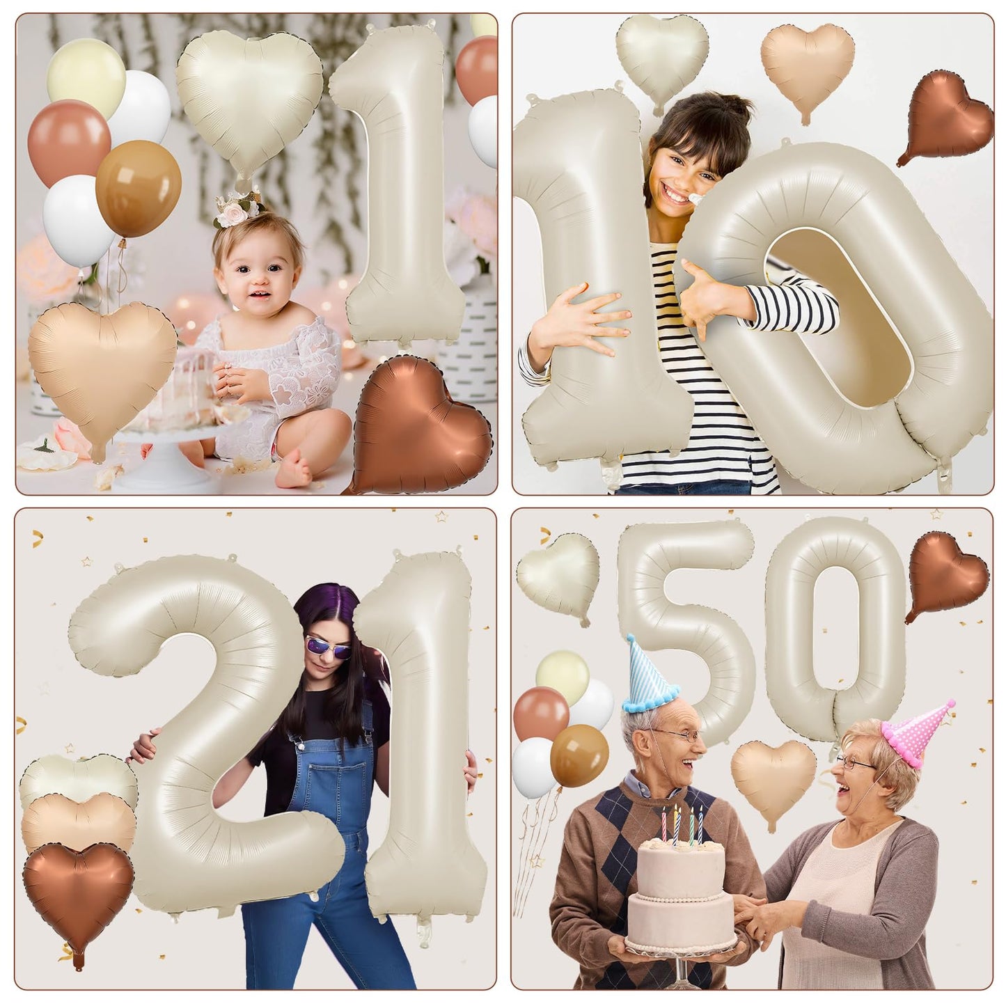 Biapian 40 Inch Cream Number 13 Balloons, 8Pcs Large Foil Number 1 & 3 Balloons With 18'' Cream White Heart Balloon Helium For 1