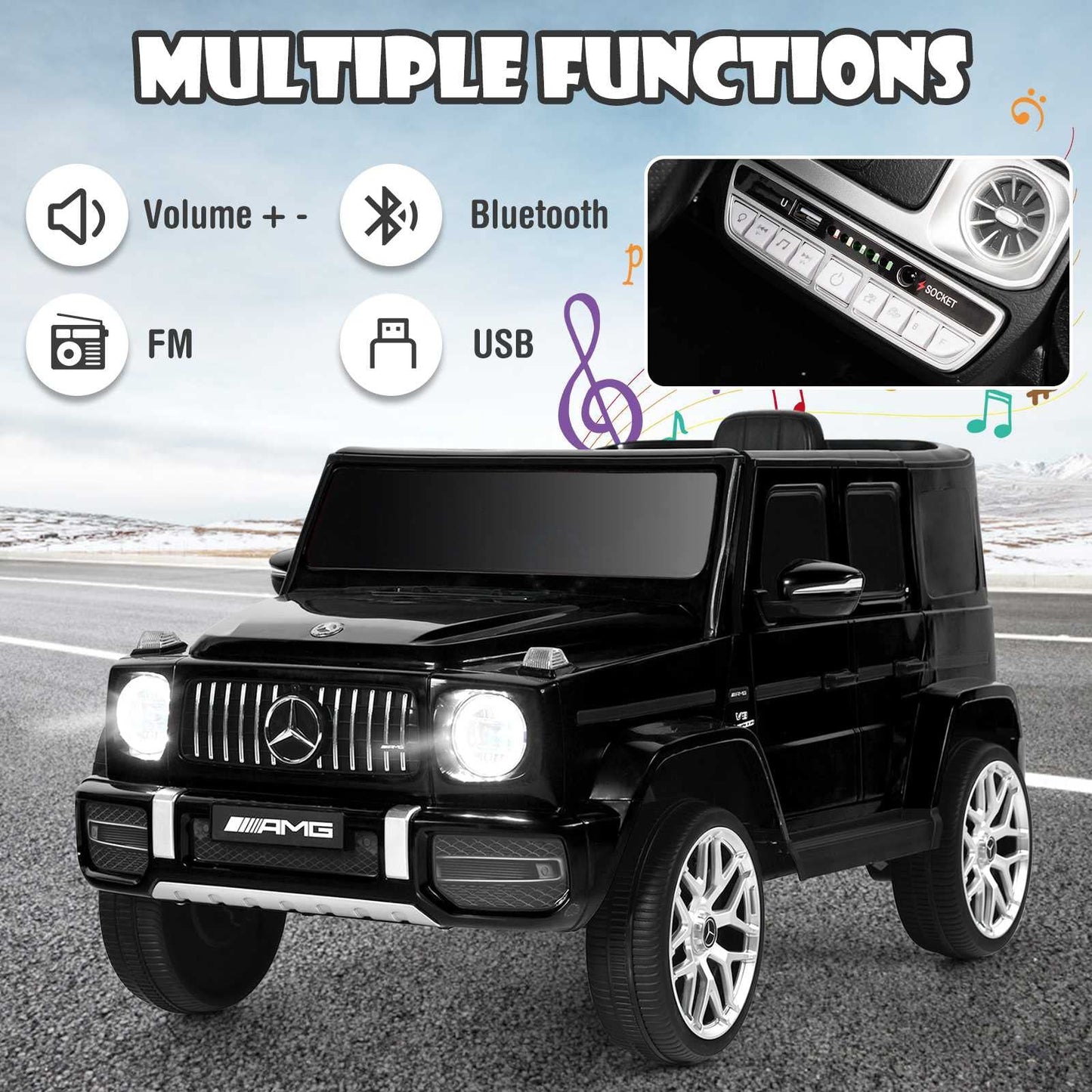 Olakids 12V Kids Ride On Car, Licensed Mercedes Benz G63 Electric Vehicle With Remote Control, Double Open Doors, Music, Bluetooth, 2 Speeds, Wheels Suspension, Battery Powered Driving Toy (Black)