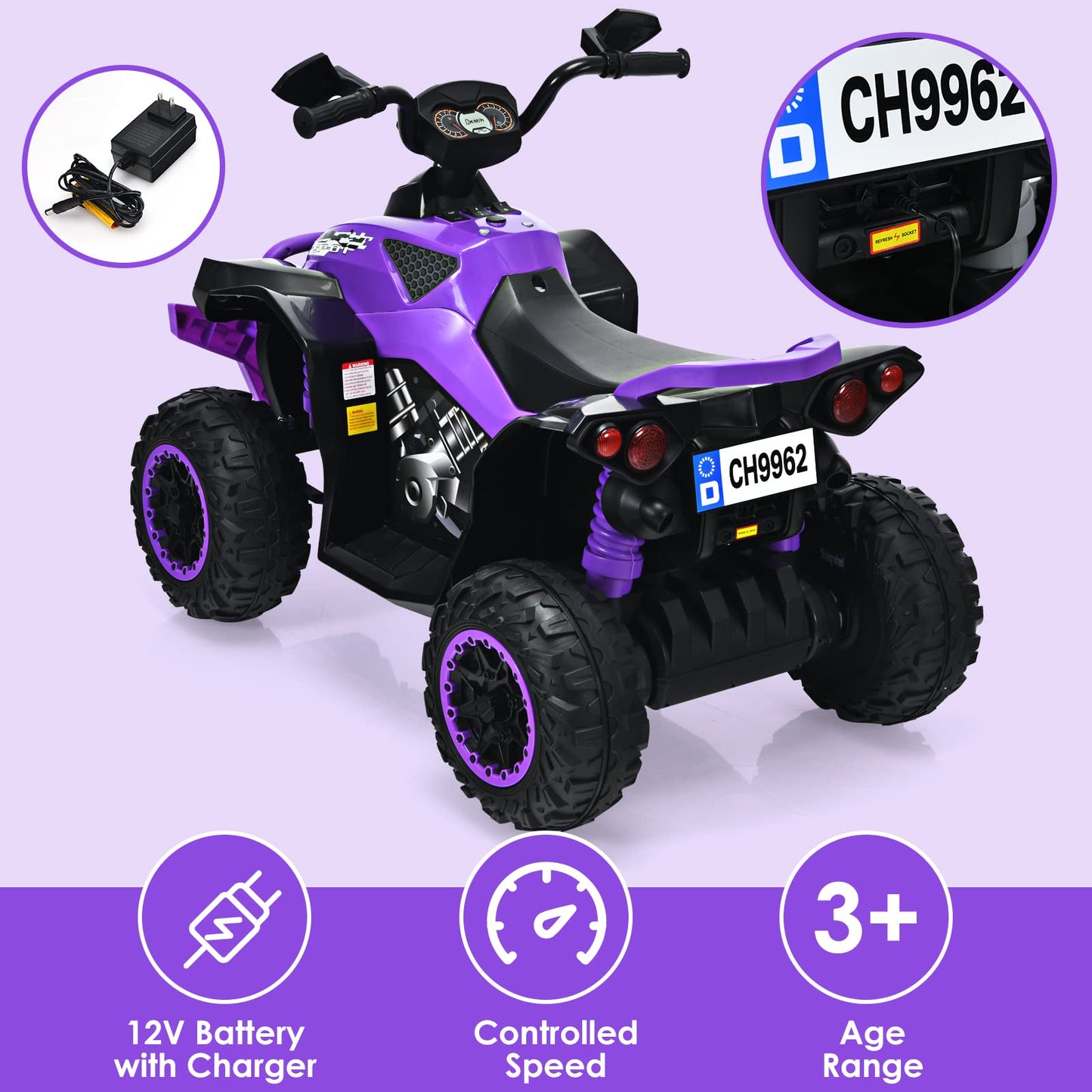 Olakids 12V Ride On ATV for Kids, Purple Electric Quad with LED Lights, Music, Horn, Soft Start, Battery Powered, 4 Wheeler