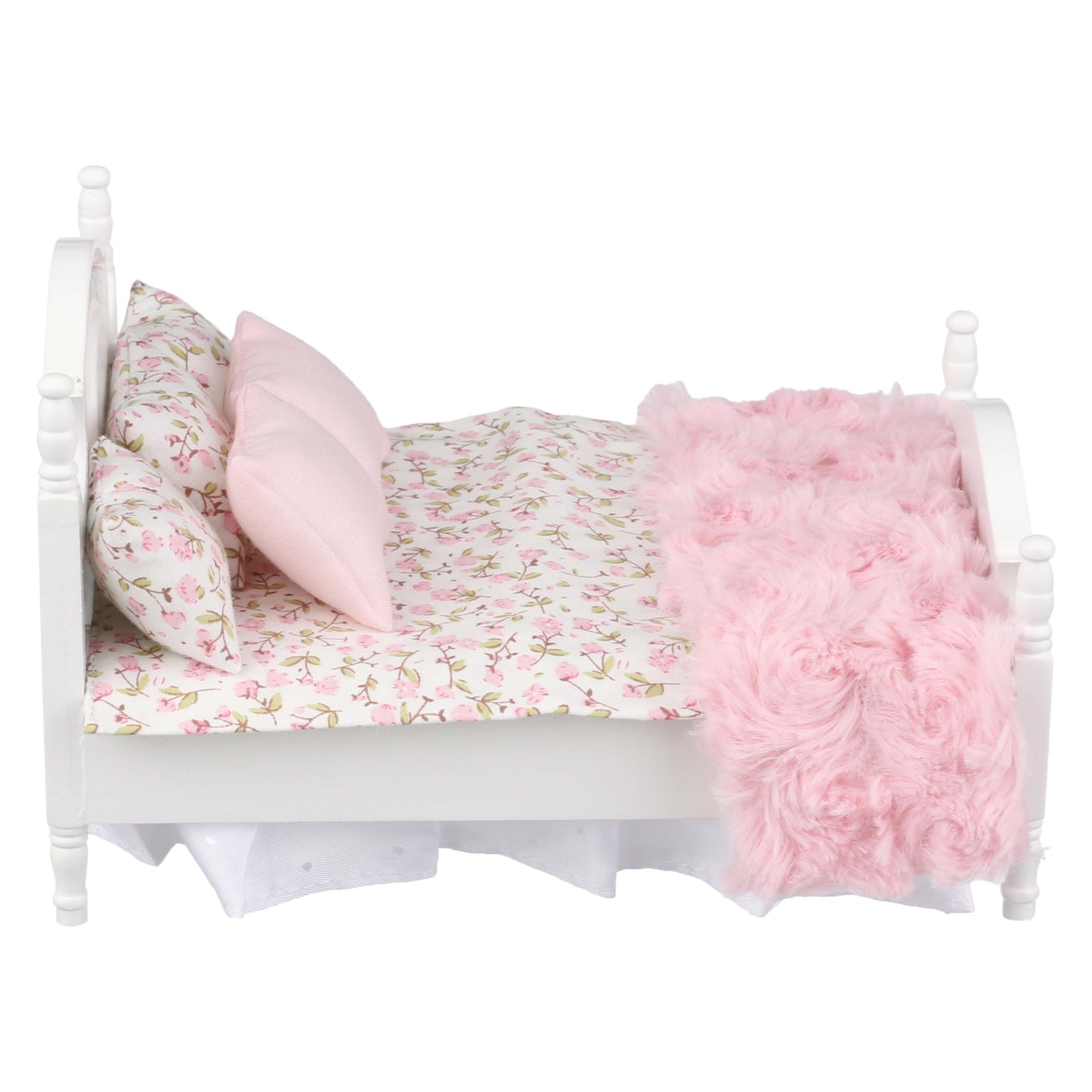 Dollhouse Furniture Mini Bed Set, Realistic Bedroom Accessories For 6 Inch Dolls, Pillow, Wooden Frame, 1/12 Scale (White Bed, Pink Bedding)