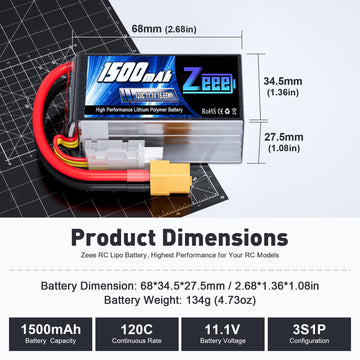 Zeee 11.1V 120C 1500mAh 3S RC Lipo Battery Graphene Battery with XT60 Plug for FPV Racing Drone Quadcopter Helicopter Airplane R