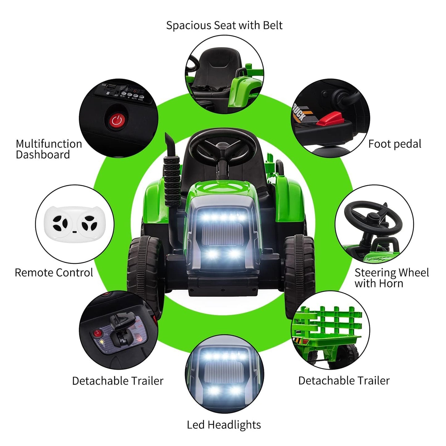 Nasitip 12V Battery Powered Electric Tractor With Trailer, Toddler Ride On Car W/Remote Control/ 7-Led Headlights/ 2+1 Gear Shif