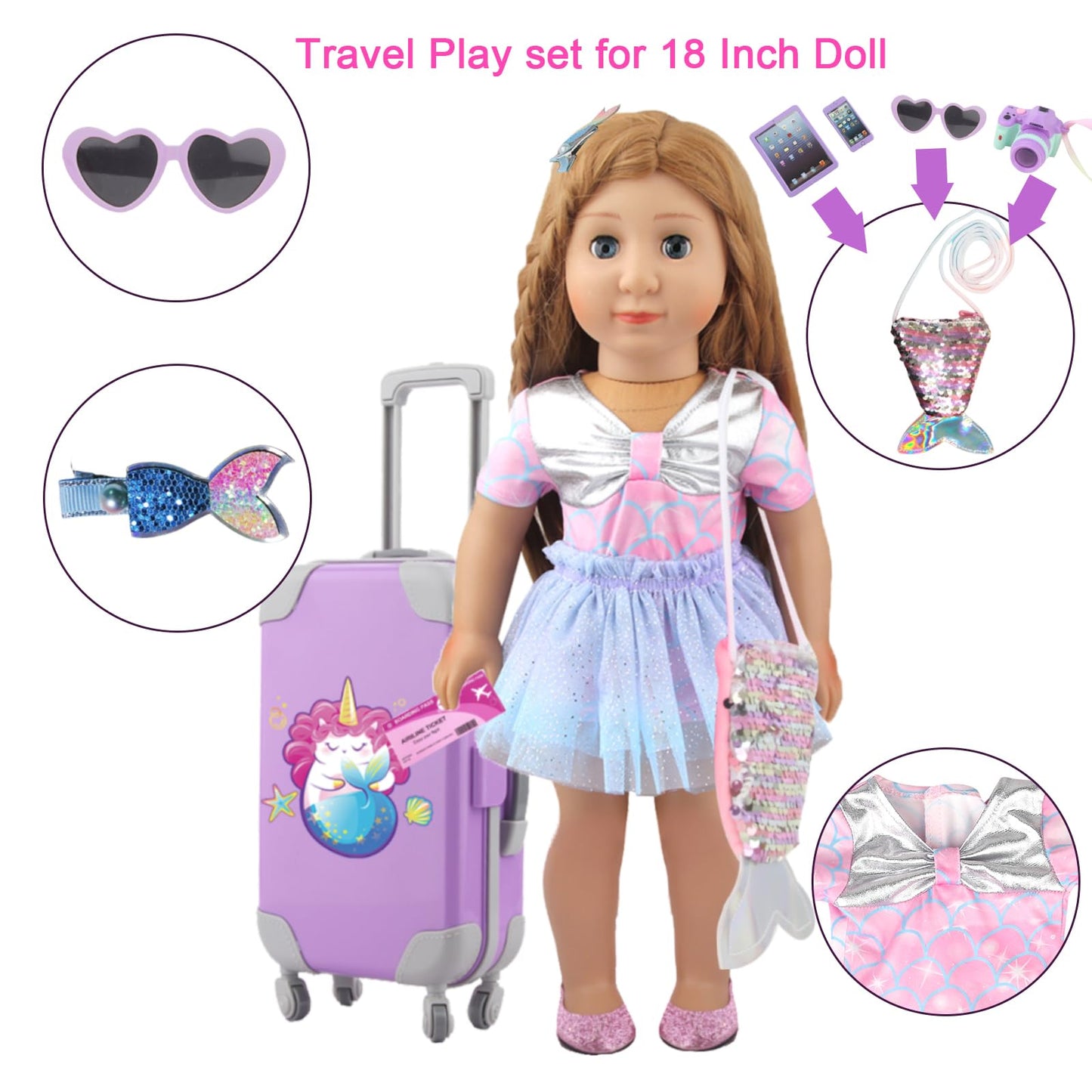 Augfrog 23 Pcs Purple Mermaid Themed Playset For 18 Inch Girl Dolls, American Doll Travel Accessories, Includes Doll Luggage Clo