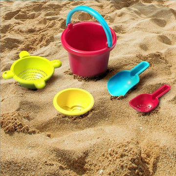 HABA Sand Toys Basic Set - 5 Piece Bundle with Plastic Pail, Sieve, Mold, Scoop and Sifting Shovel Sized just for Toddlers Ages